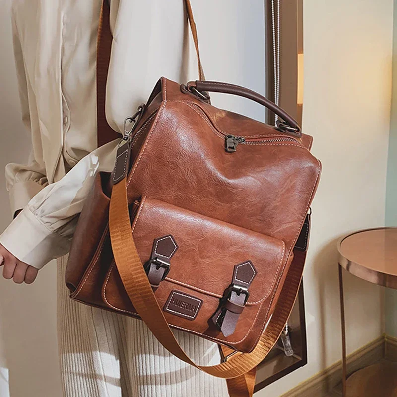 2024 Women Vintage Leather Backpacks Vintage Female Shoulder Bags Sac a Dos Casual Travel Ladies School Bags L54