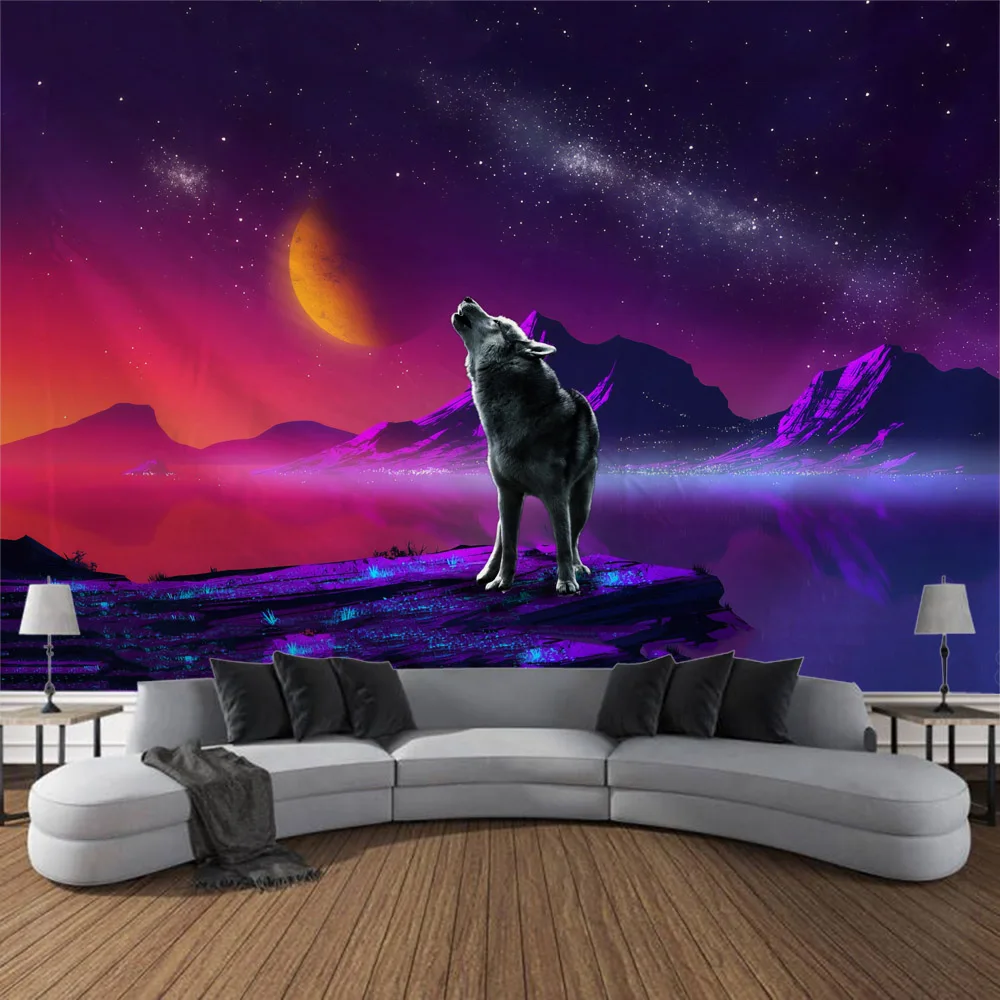 Wolf Art Tapestry Wall Hanging Fantasy Starry Sky Home Wall Decoration Animal Cloth Cartoon Fantasy Bohemian Room Art Decoration