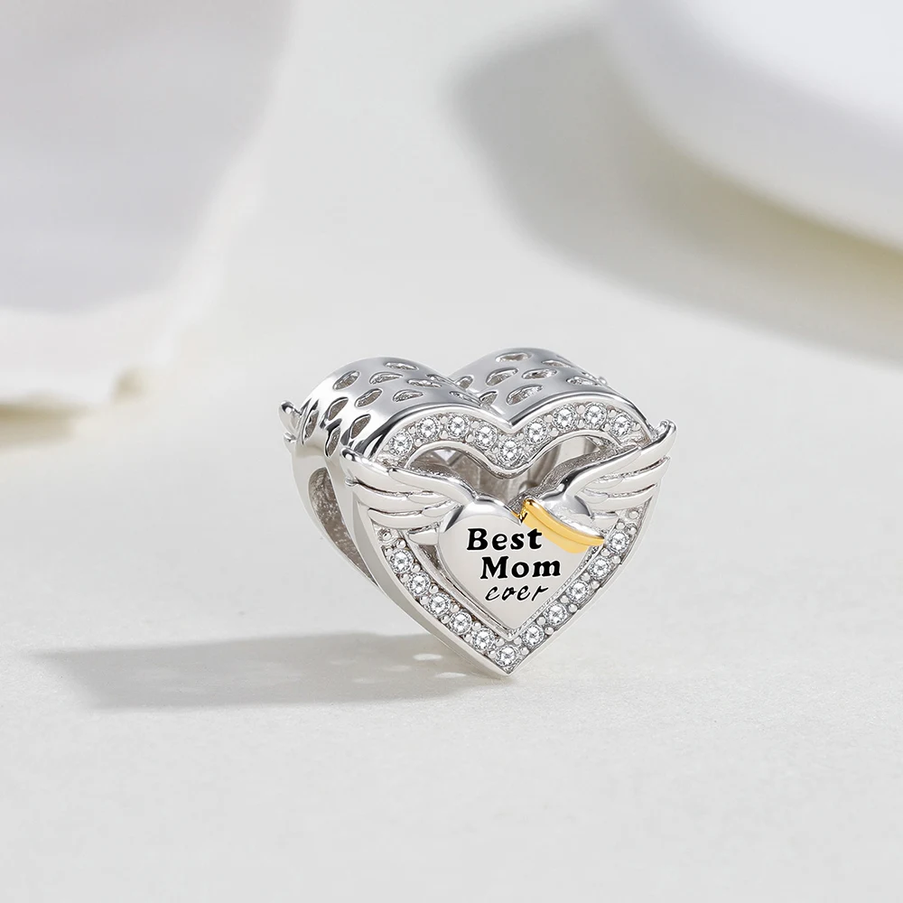 Anhänger aus 925er-Sterlingsilber, Original-Engelsflügel-Herz-Perlen, Charms zur Herstellung klassischer Armband, Muttertag, Modeschmuck, Geschenk