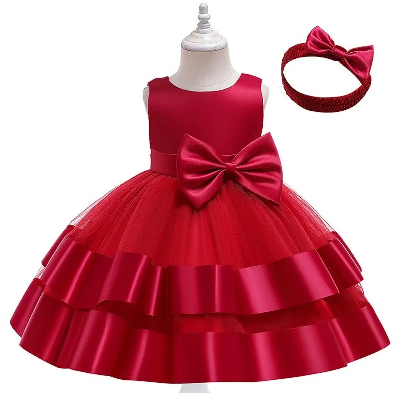 Satin Gauze Big Bow Baby Girls Princess Dress Summer Wedding Ball Christmas Birthday Party Costume Girl Dresses Gift (Headband)