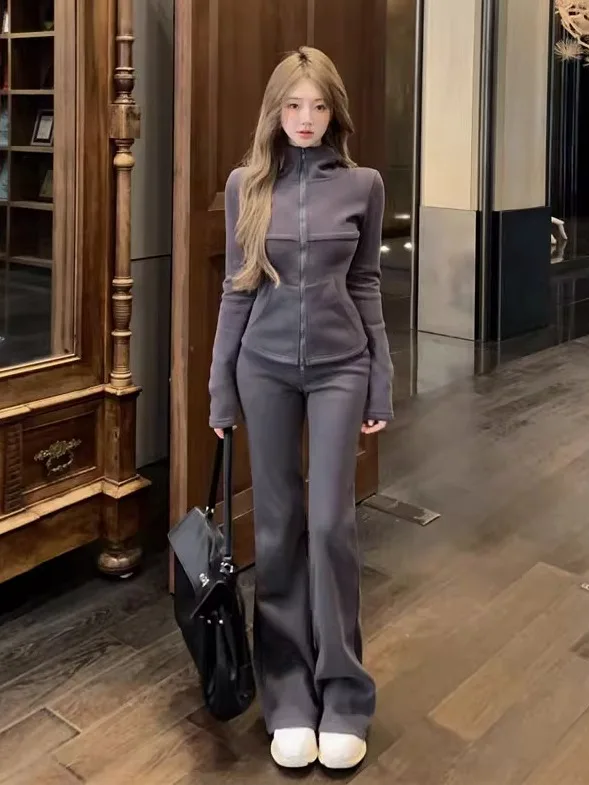 

Korean Style Sporty Thickened Hooded Jacket And Micro Flared Pants Set Comfortable Long Sleeve Zipper Closure Casual Outfit