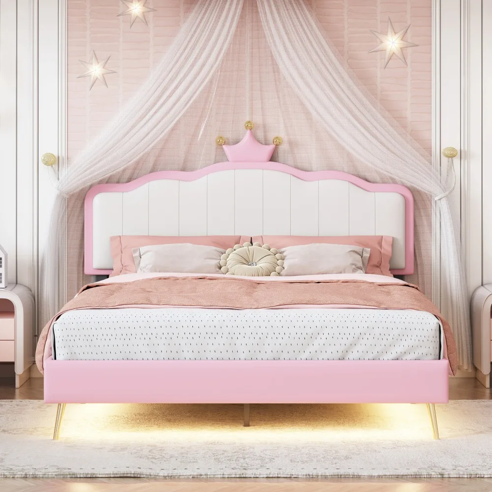 Full Sized Platform Cushioned Princess Bed with Crown Headboard and Footrest, Light Strip, Gold Metal Legs