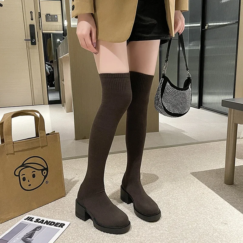 

Knee length elastic boots for women in 2024, new spring, autumn, and winter knitted leg tie high leg slim boots