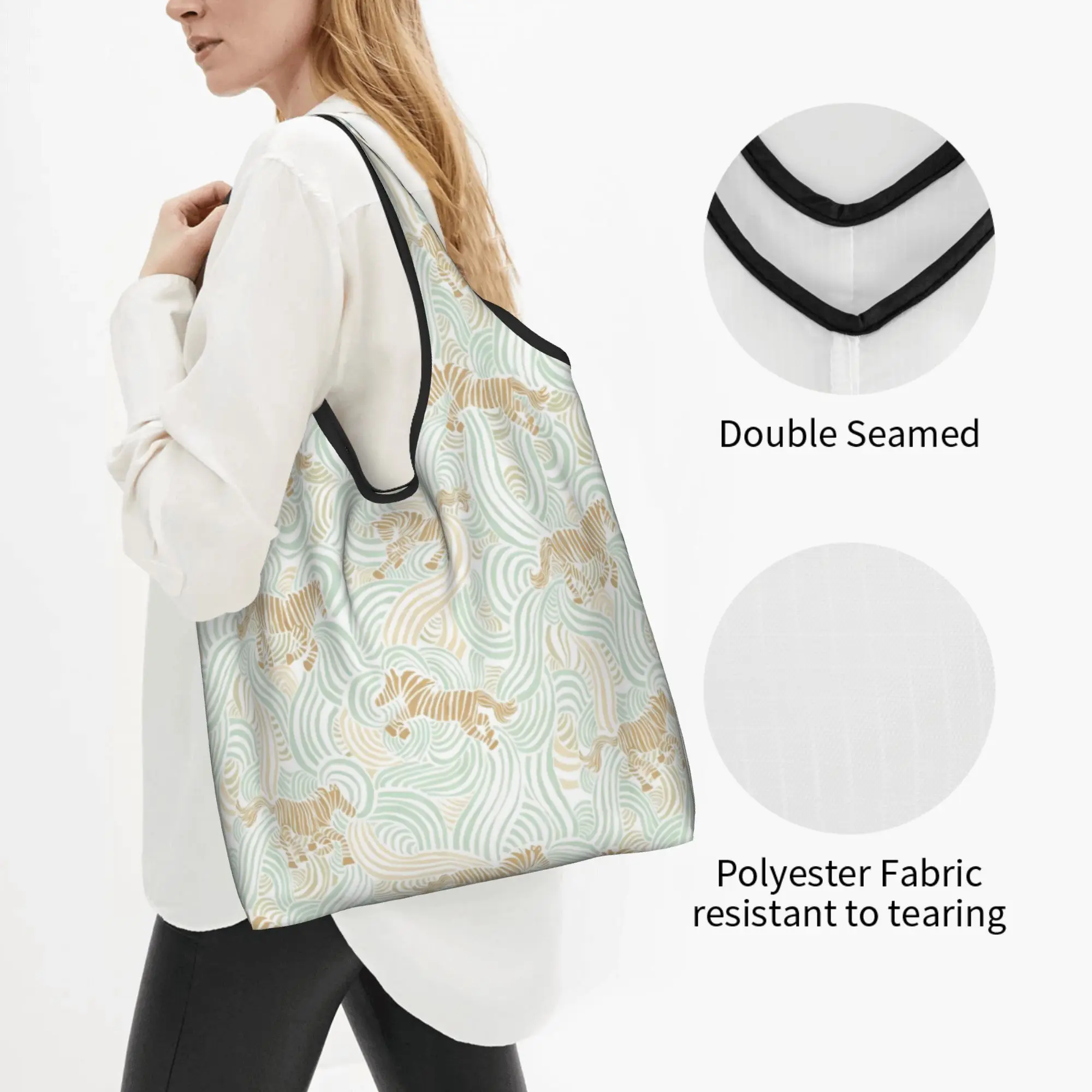 Custom Vibrant Zebra  Shopping Bag Women Portable Large Capacity Groceries Wild Animal Print  Tote Shopper Bags