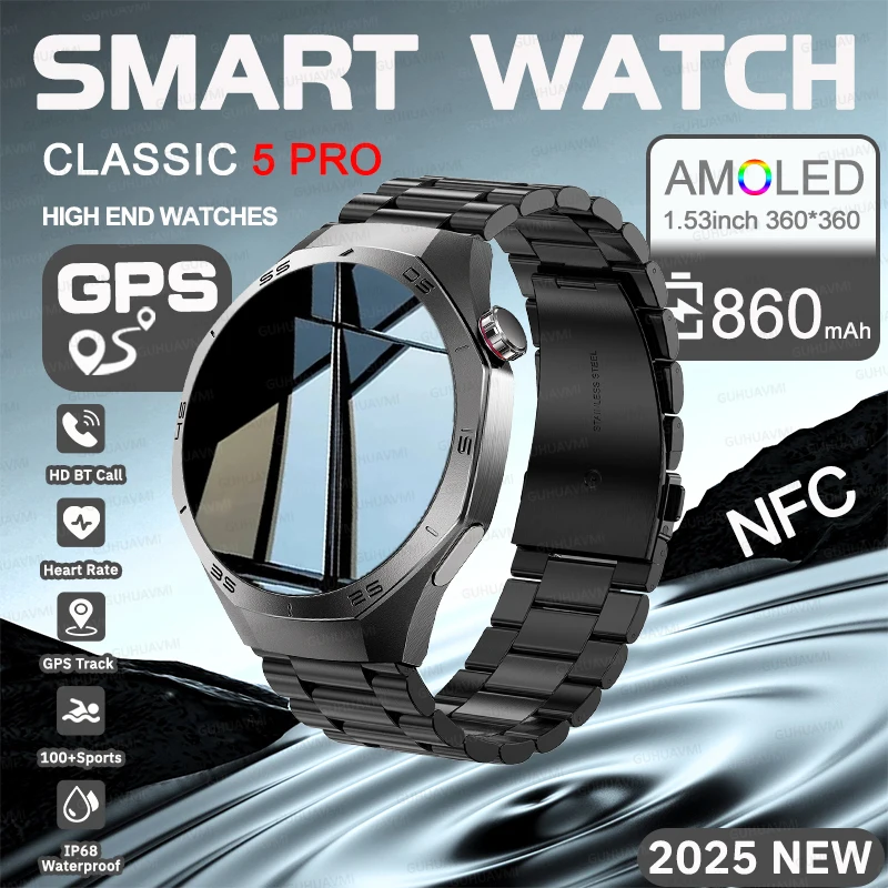 

2025 NEW CLASSIC 5 PRO Smart Watch Men 1.52" AMOLED Screen GPS Track Heart Rate NFC Bluetooth Call IP68 Waterproof Sports Watch
