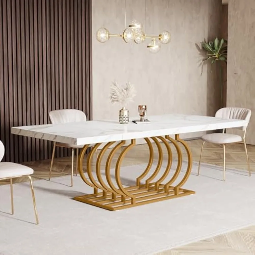 Mesa de comedor de 70,9 "para 6 personas, mesa de comedor blanca con chapa de mármol de imitación, Marco geométrico para Cocina