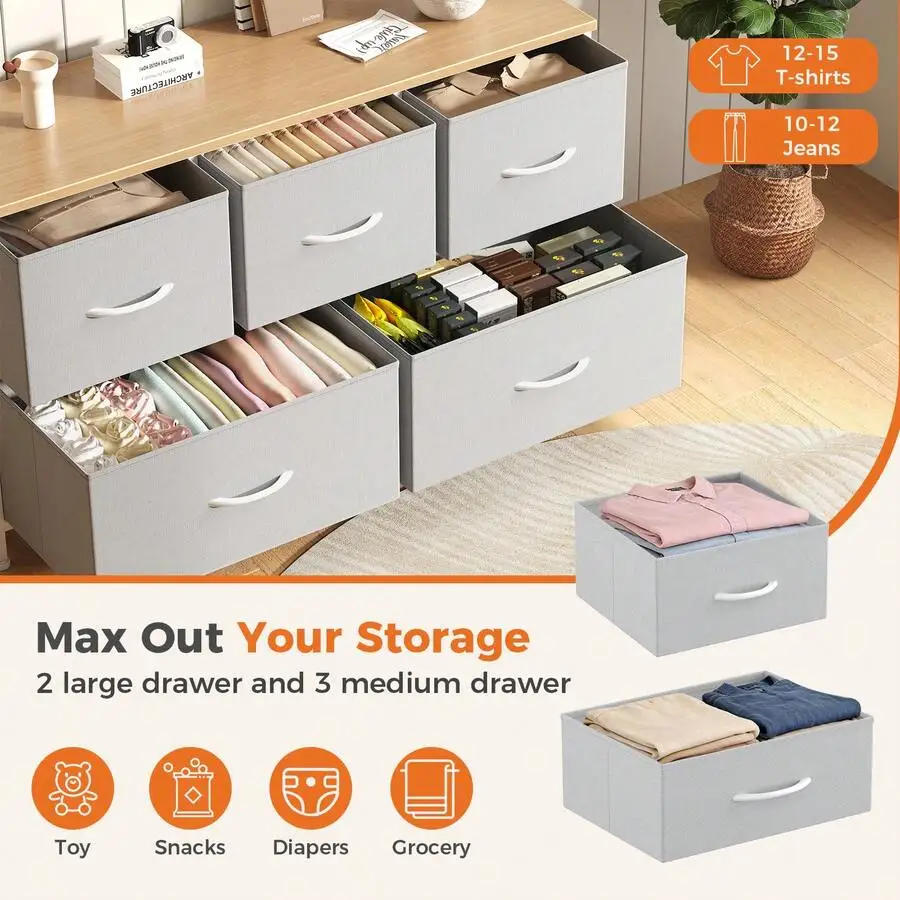 39.4'W 5 -Drawer Dresser For Bedroom, White Storage Unit With Sturdy Steel Frame, TV Stand With Wooden, Chest Of Drawers For Clo