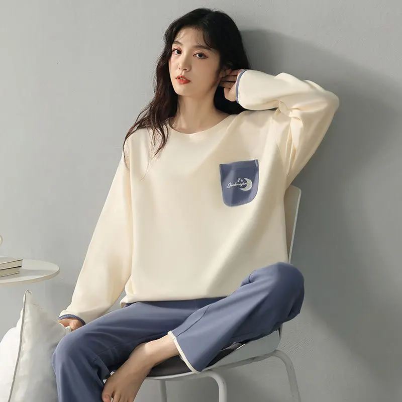 New Women\'s Spring Autumn Pajamas Loungewear Set Ladies Student Long Sleeves Trousers Simple Casual Luxury Loungewear Set