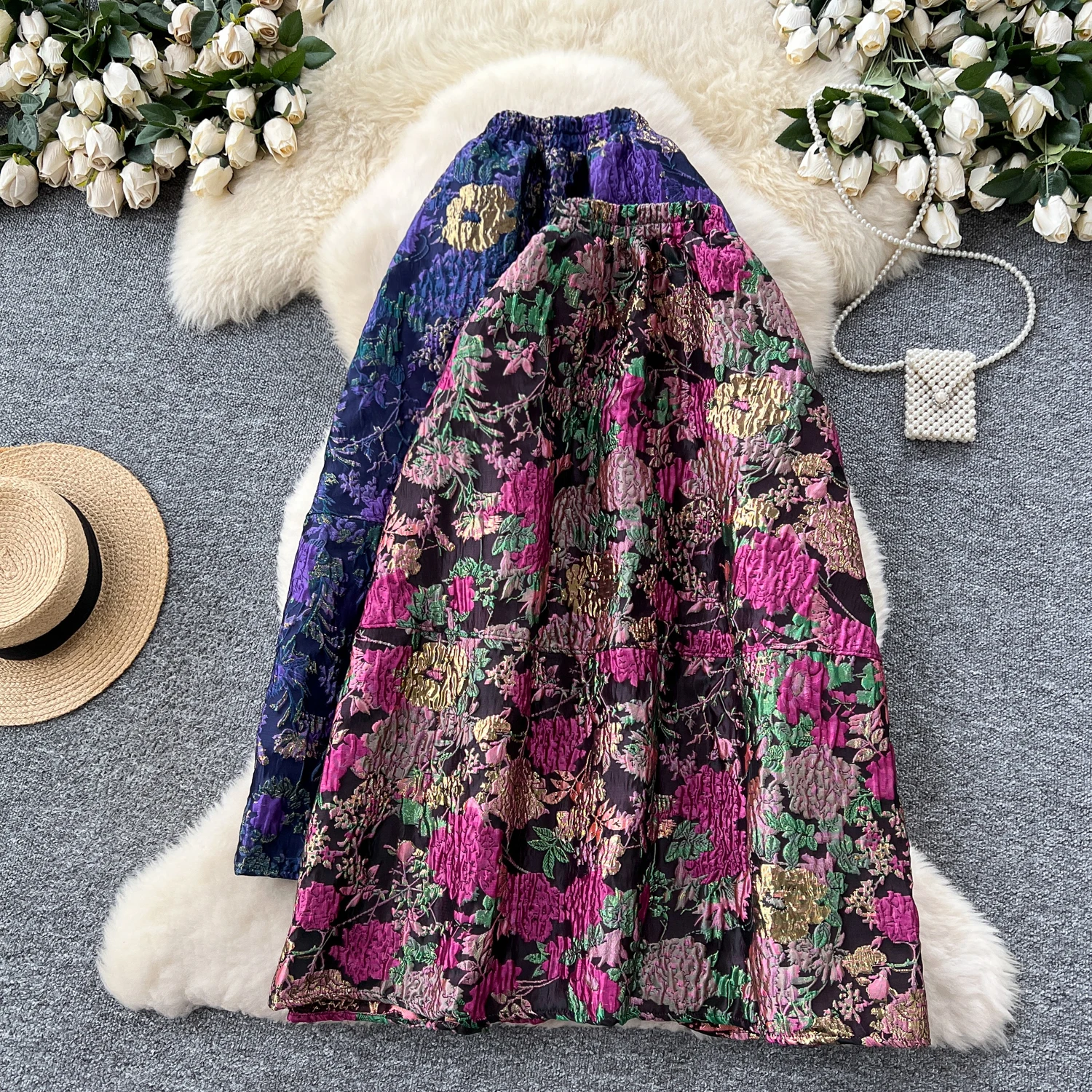

Fashion Jacquard Vintage Skirts Autumn 2026 New Design Puffy Women American Retro Floral Print A Line Skirts