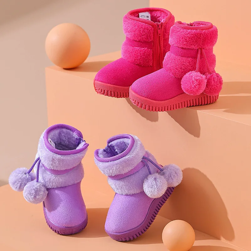 

Children Winter Warm Snow Boots Boys Solid Color Fleece Thickened Short Cotton Boots Girl Comfortable Wool Ball Kid Cotton Shoes