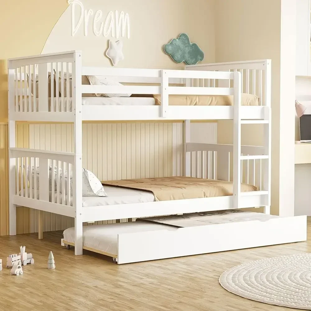 Gray Twin Size Wood Bunk Bed with Trundle and Ladder, Space-Saving Design