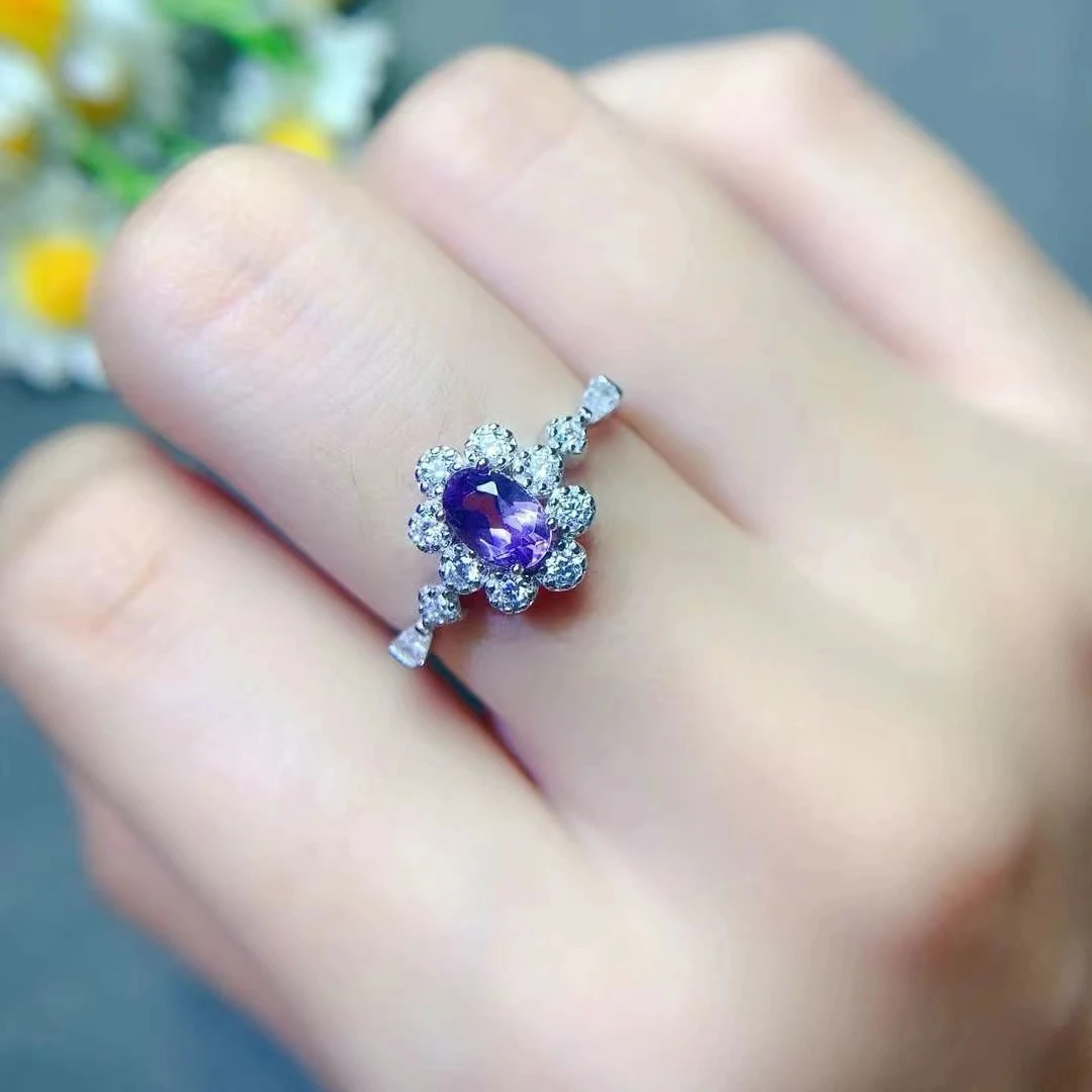 Vintage Sterling Silver Amethyst Ring 4mm*6mm 0.5ct VVS Grade Natural Amethyst Jewelry Solid 925 Silver Crystal Ring