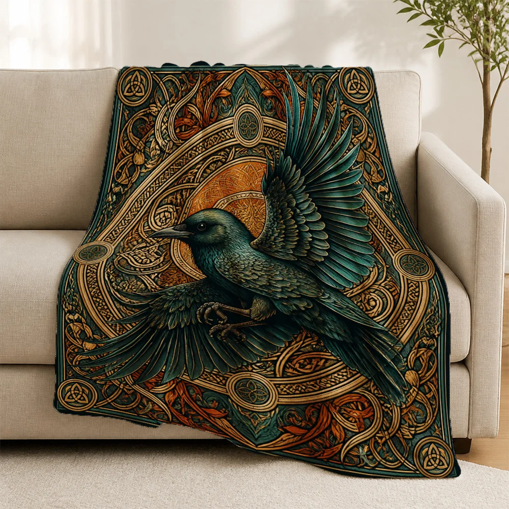 Vintage Bohemian Tapestry Throw Blanket for Sofa Couch Decorative Living Room Art Raven Bird Print Gothic Style Wall Hanging Plu