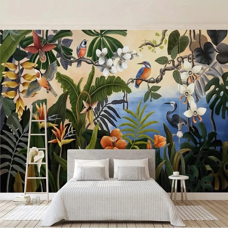 Custom 3D Modern Hand-Painted Tropical Rainforest Mural Minimalist Tree Leaf Bird Wall Art Nature TV Background Wallpaper