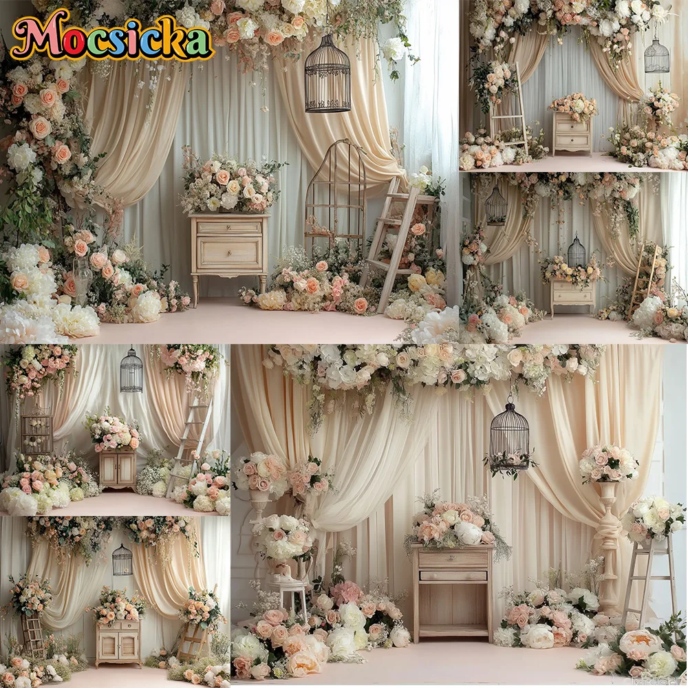 

Фон для фотосъемки Mocsicka: Декоративный занавес с цветами, корзинами и лестницей для детских праздников, новорожденных, портретных съемок и студийных реквизитов