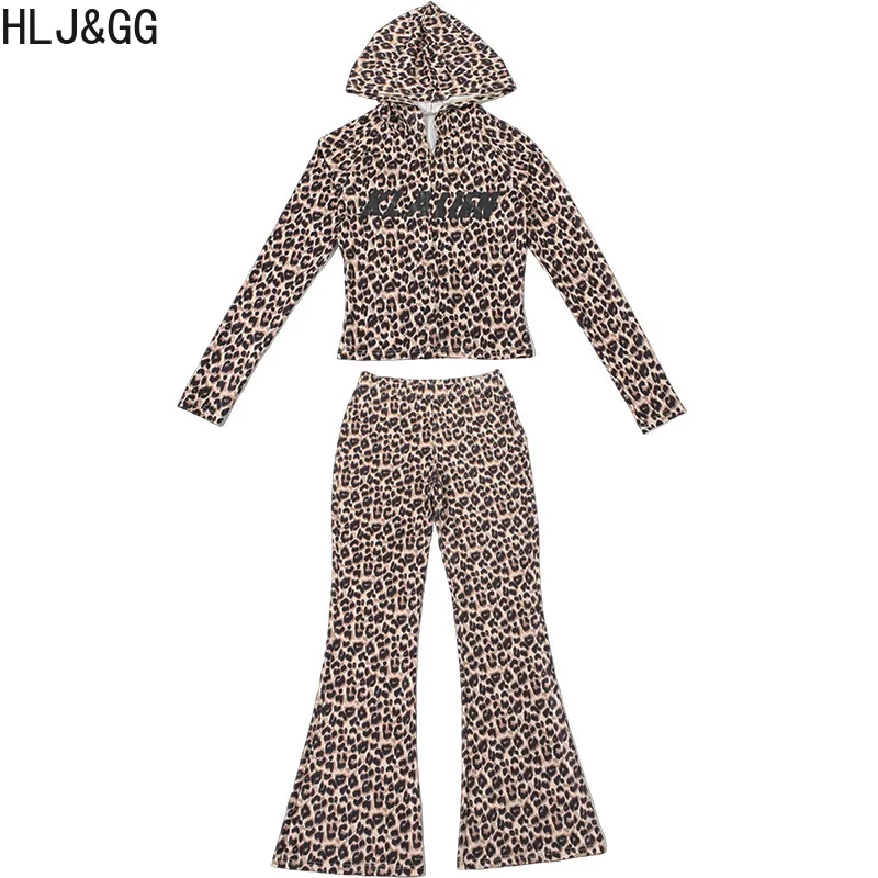 HLJ&GG Fashion Leopard Letter Print Hooded Two Piece Sets Women Zipper Long Sleeve Top And Skinny Pants Outfit Autumn Streetwear