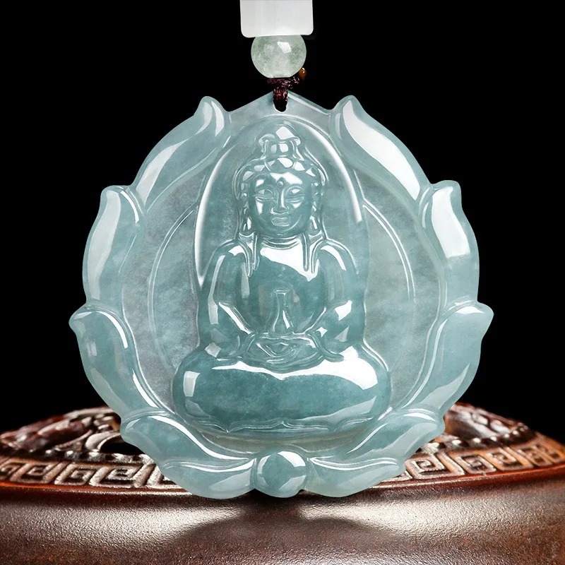 

Real Natural Grade A Jade Jadeite Men Women Lucky Bless Lotus Flower Guanyin Pendant
