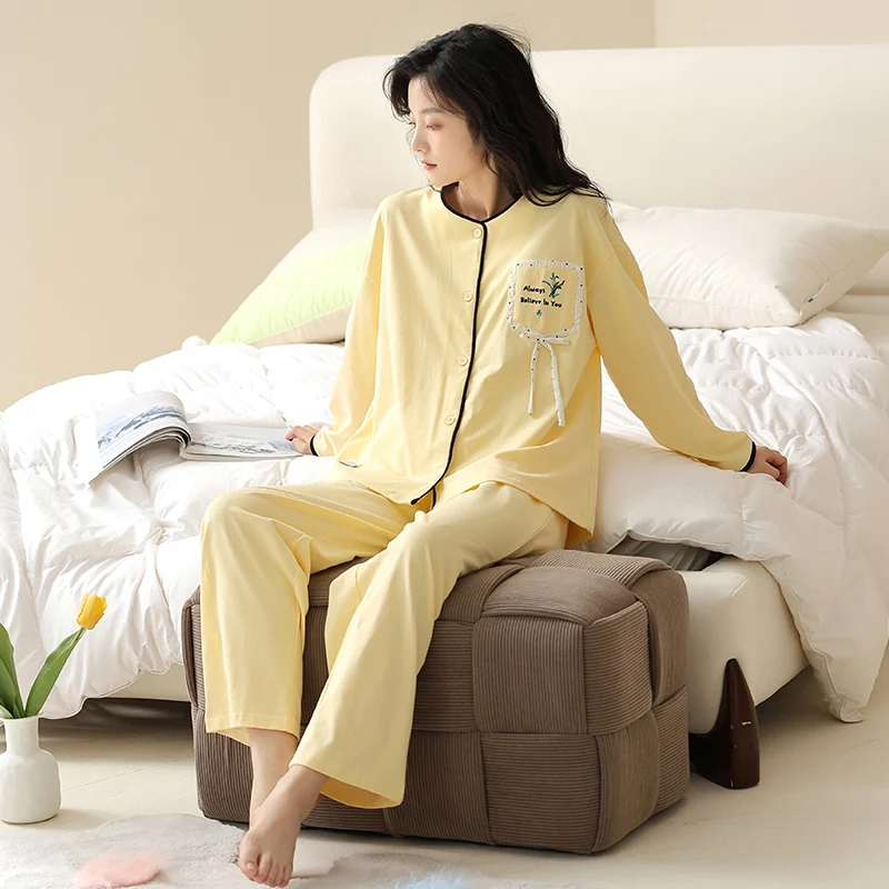 M-XXL All Cotton Spring and Autumn Women's Loose Sleepwear Round Neck Cardigan Bright Color Women's Home Furnishing Autumn Set