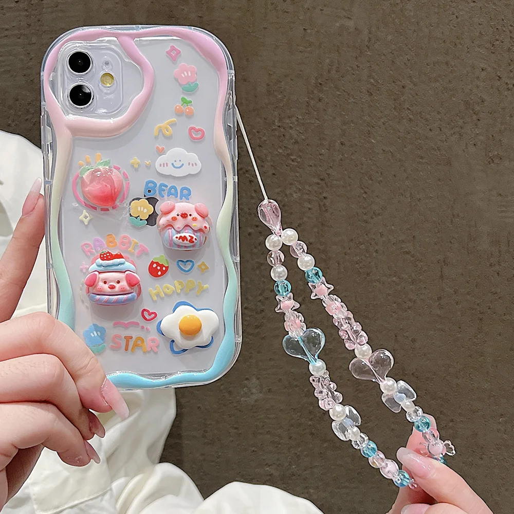 3D Cute Pig Hang Wrist Chain Cases For iPhone 16 Pro Max 15 14 13 12 11 Pro 16 15 14 7 8 Plus XR XS XS Max 7 8 SE Soft Bumper