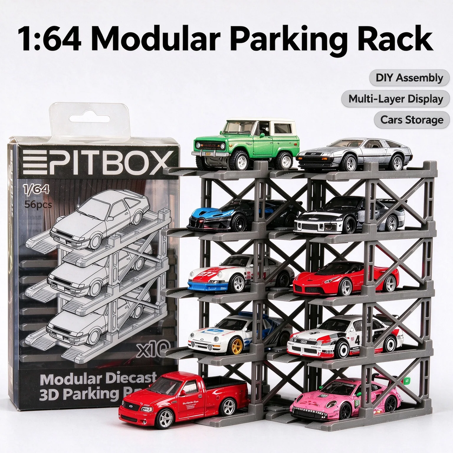 1:64 Suporte de Estacionamento Modular 3D, Kit de Montagem DIY para Construção de Modelo, Expositor e Armazenamento de Carros em Várias Camadas