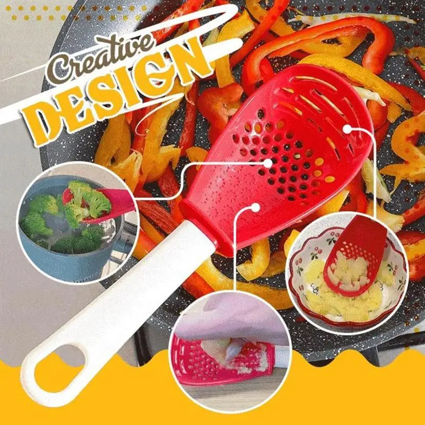 1pcs Durable Kitchen Masher Spoon Slotted Filter Design Ginger Garlic Grinder Household Potato Rice Mashing Cooking Tool