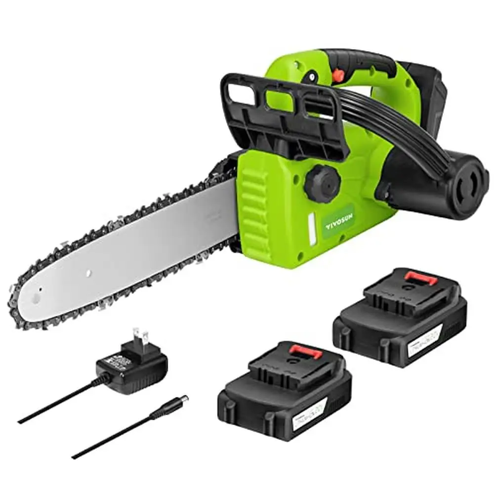 

10" Cordless Chainsaw 2Pcs 20V Rechargeable 2000mAh Batteries Fast Charger Security Lock Automatic Oiler Lightweight Compact