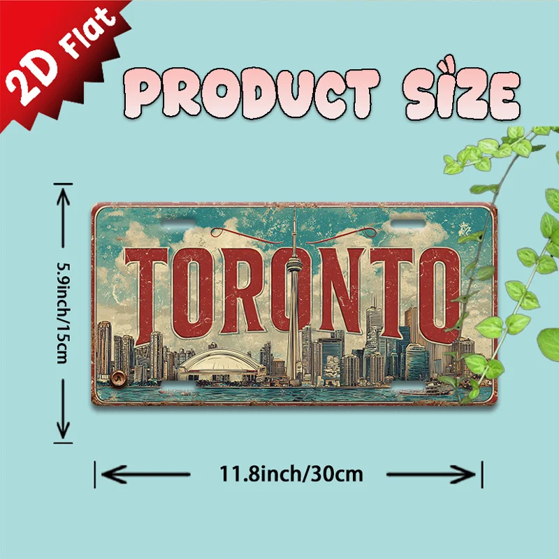 2D Flat - Single Piece, Vintage Metal  Sign, Decorative Plaque And Signboard Rustic Style Sign, Toronto Skyline Design, Beach