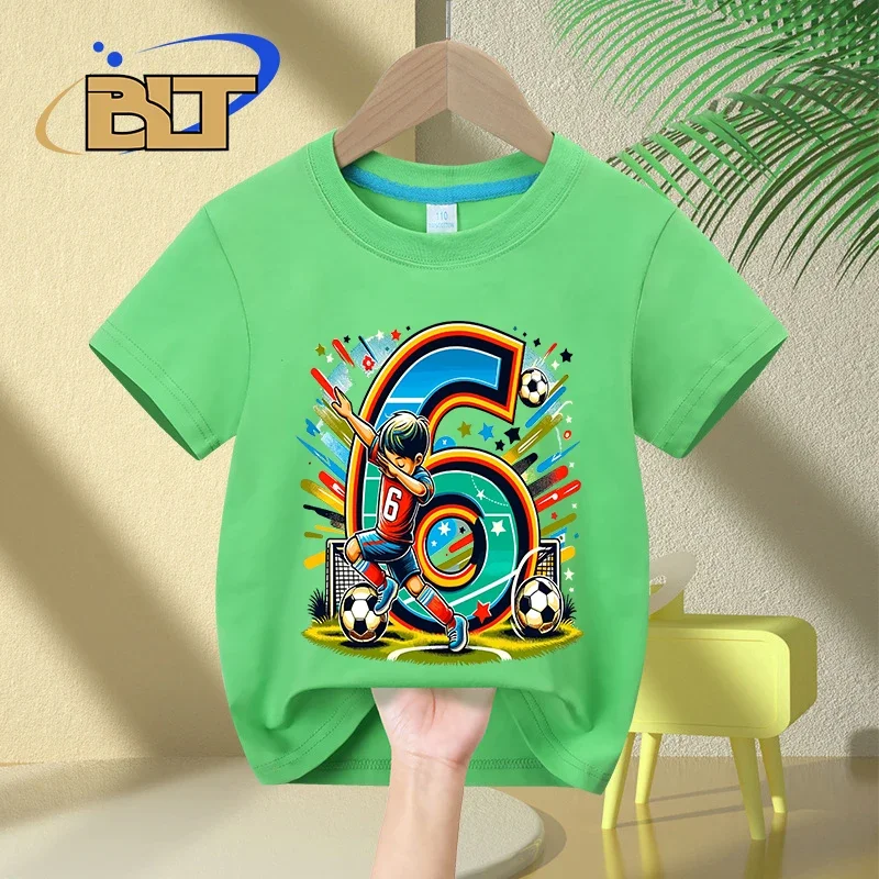 T-shirt de manga curta de algodão para menino, top casual, presente de aniversário, 6 anos, verão