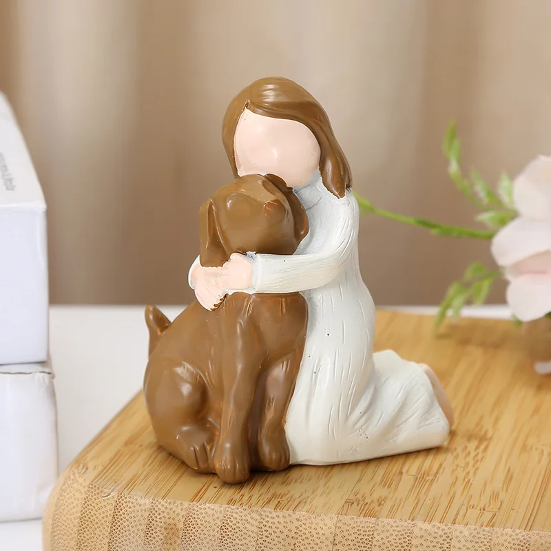 Cute Girl Embracing Dog Resin Sculpture- Modern Minimalist Home Decor for Dog Lovers