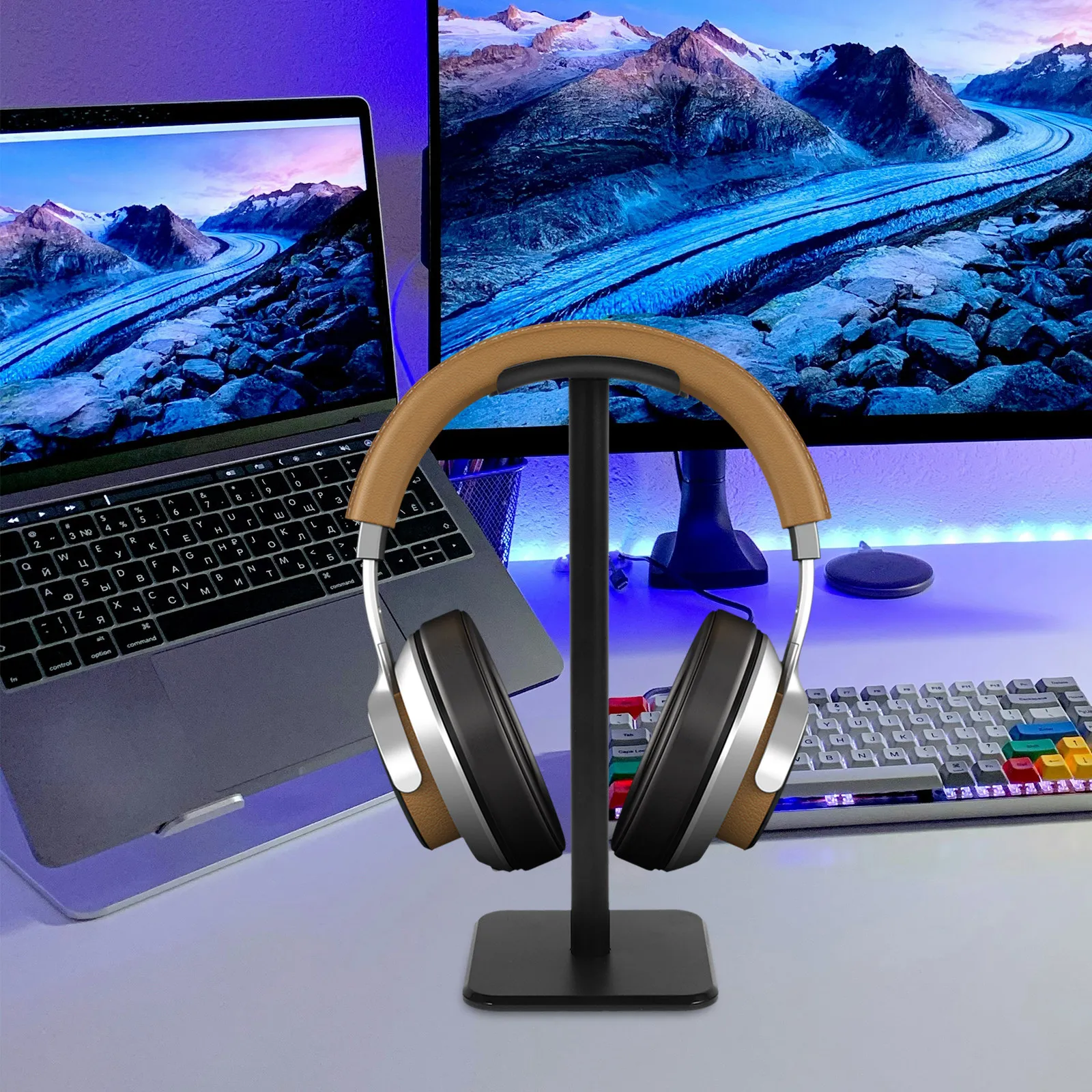 1Pcs Aluminum Earphone Stand Premium Metal Holder Earbuds Wire Organizer Desktop Pedestal Head-Mounted Holder Black