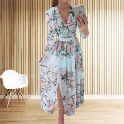 Amazon eBay Cross border 2024 Summer Chiffon Printed Long Dress V-neck Dress Long Sleeve Split Dress Women