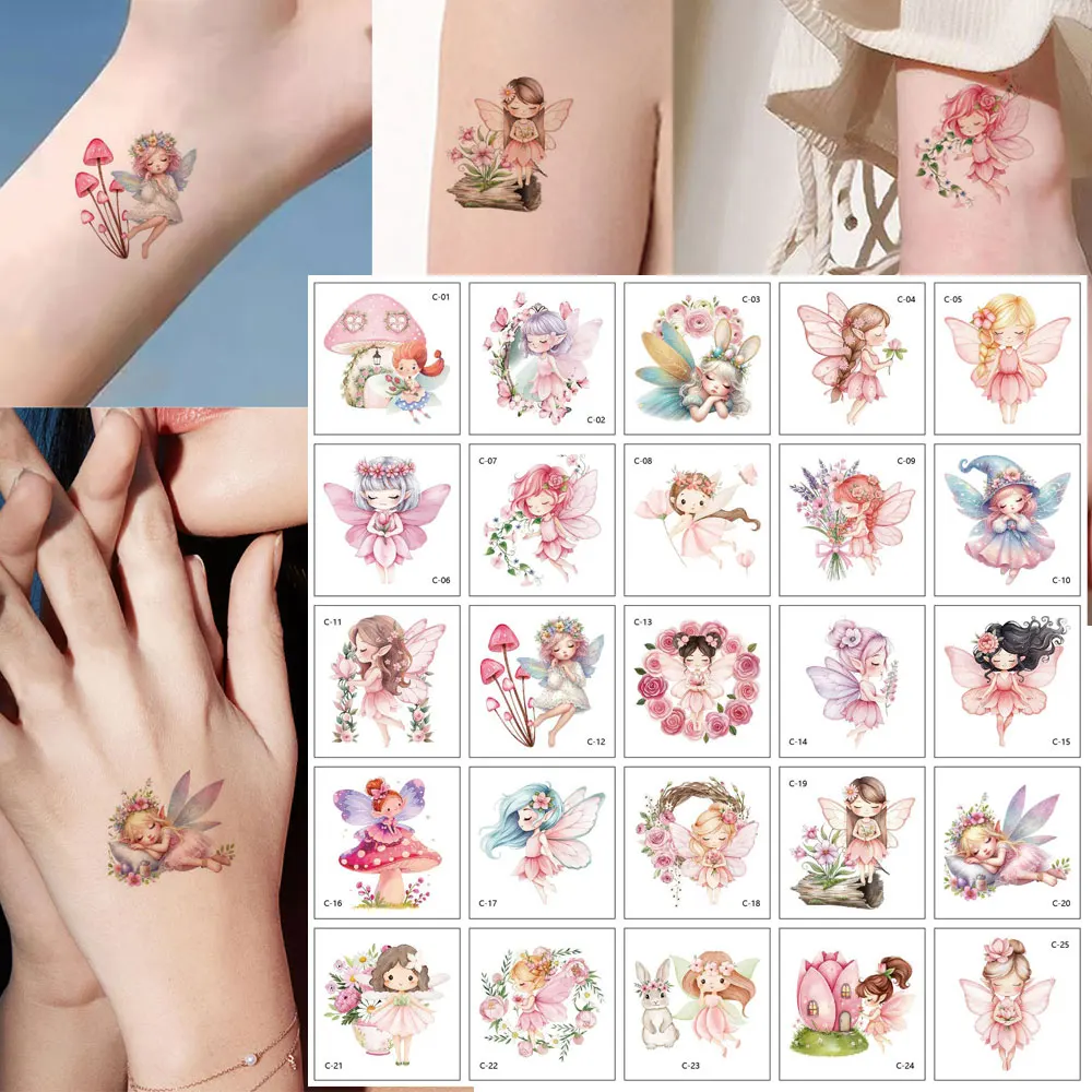 

25pcs Cartoon Waterproof Small Pattern Temporary Tattoo Stickers for Hand Face Flower Fairy Mushroom Temporary Tattoo Stickers