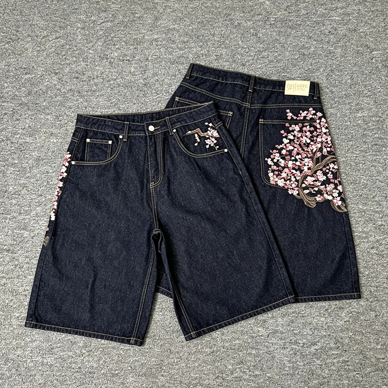 Embroidery Jeans Sakura - DERSCHUTZE ユニセックス バギーデニムショーツ ダークサクラツリー刺繍 ワイドレッグ ストリートジョーツ