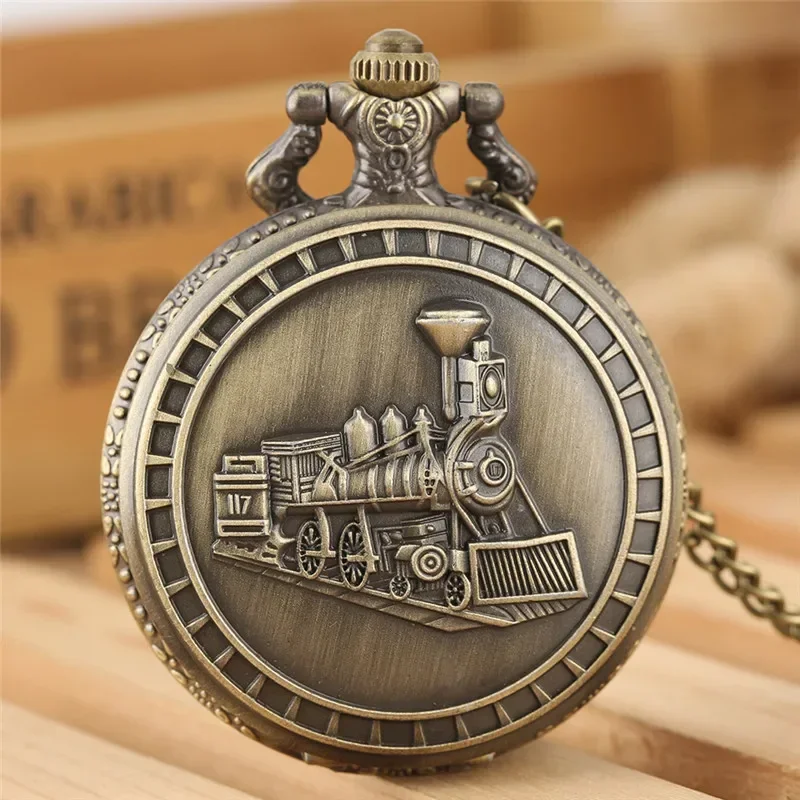 Steampunk Pocket Watch Locomotive Steam Train Bronze Arabic Numeral Quartz Analog Clock Necklace Chain Unisex Timepiece Reloj