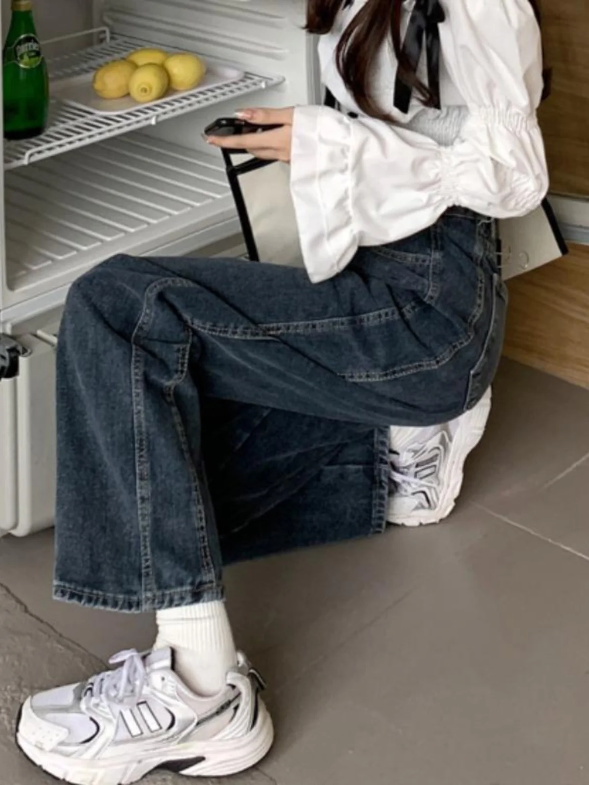 

Синие широкие джинсы в стиле ретро с высокой талией, свободные прямые брюки для женщин, весна-осень, большие размеры, корейский Sle