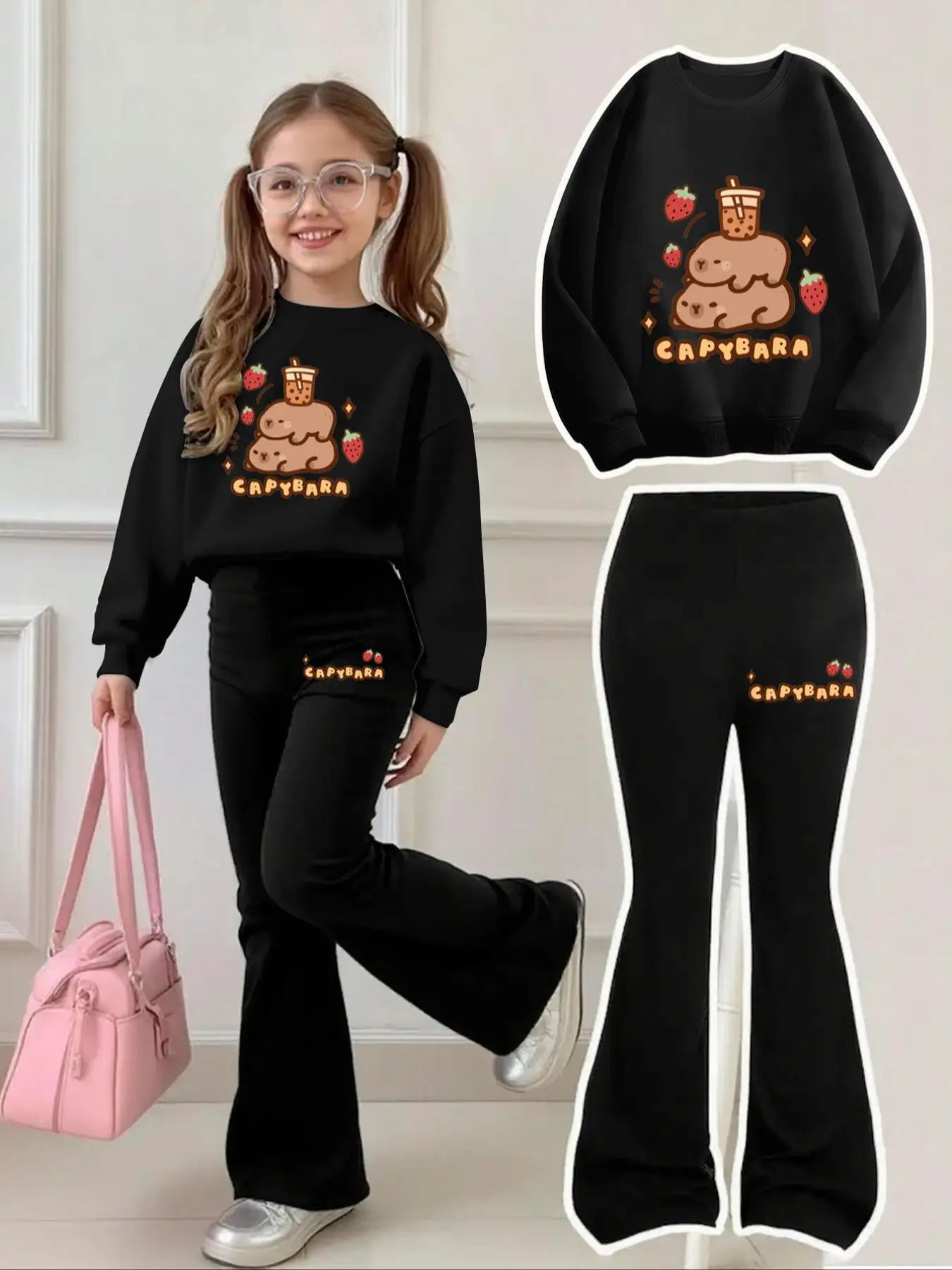 Girls' Capybara Milk Tea Sweatshirt and Flared Pants Set for Ages 4-12, Black Flared Pants with Side Lettering “Capybara” + Strawberry Print Two-Piece Outfit
