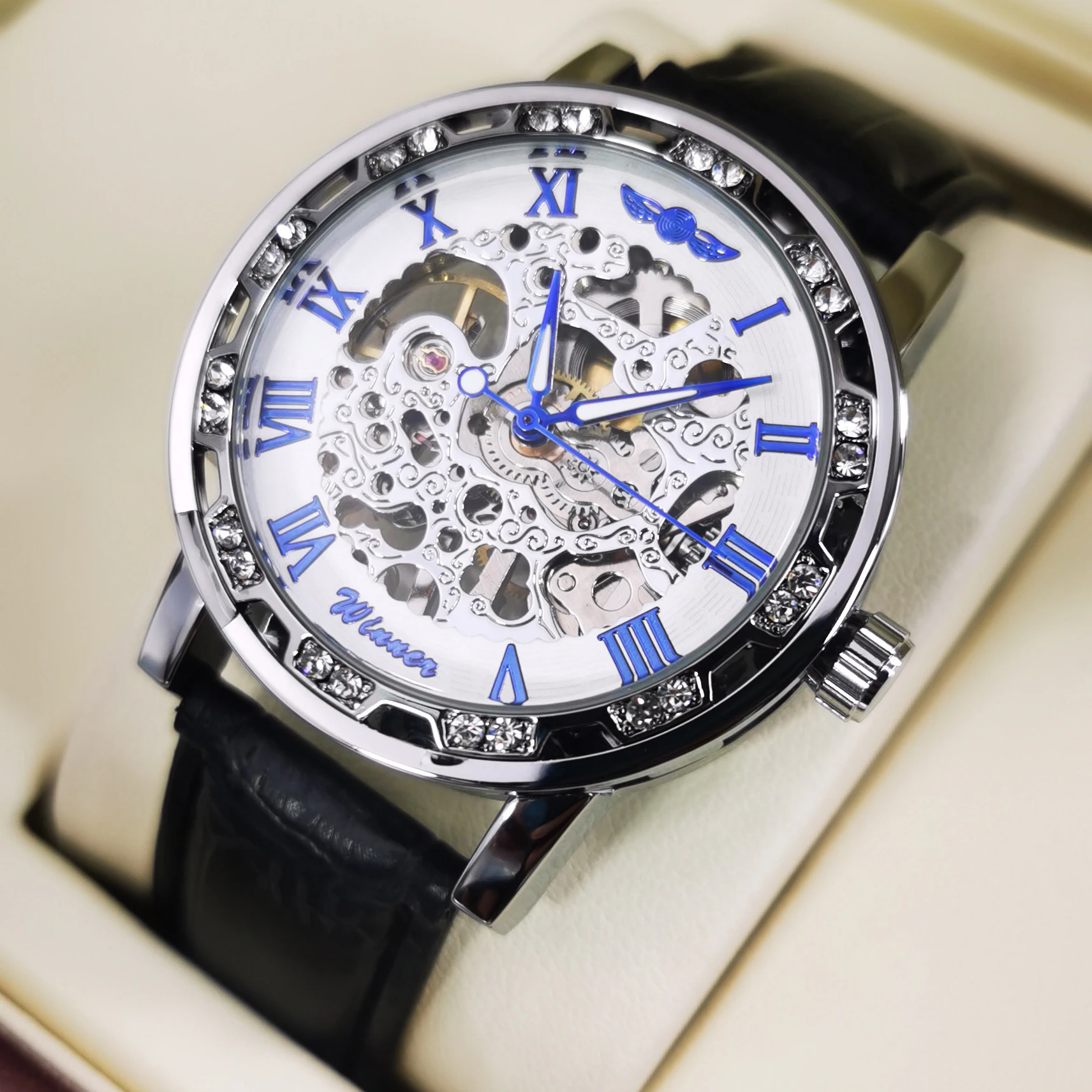 WINNER Classic Skeleton Mechanical Watch Blue Pointers Leather Strap Business Casual Mens Watches Top Brand Luxury Unsiex Clock