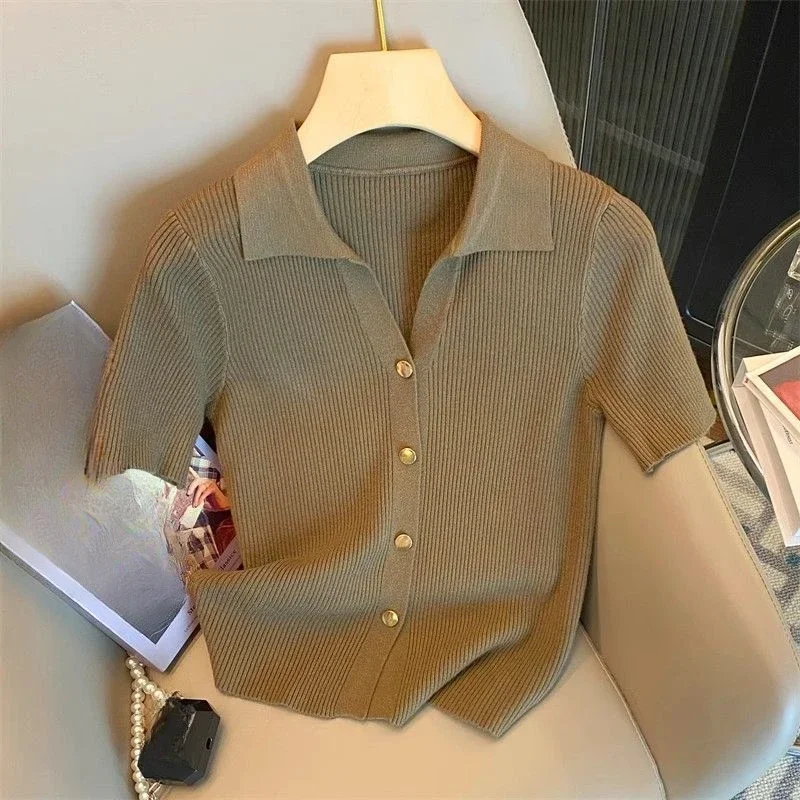 Chic Knitted Polo-neck Shirt Women's 2025 Korean Summer Thin Cardigan Short Sleeve T-Shirt Casual Single Breasted Knitwear Tops