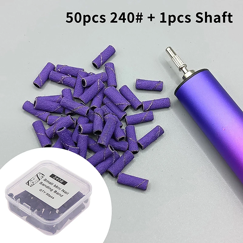 50PCS 240# Mini   Tapered Nail Sanding Bands With Metal Mandrel, Purple 240 Fine Grit Sanding Bands For Nail Drill Manicure