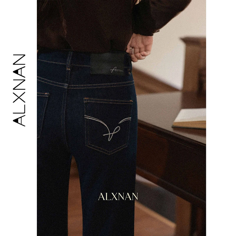 ALXNAN Women's Flared Denim Pants Dark Blue Retro High-waist Embroidery Straight-leg Jeans 2026 New Female Baggy Jeans L57821