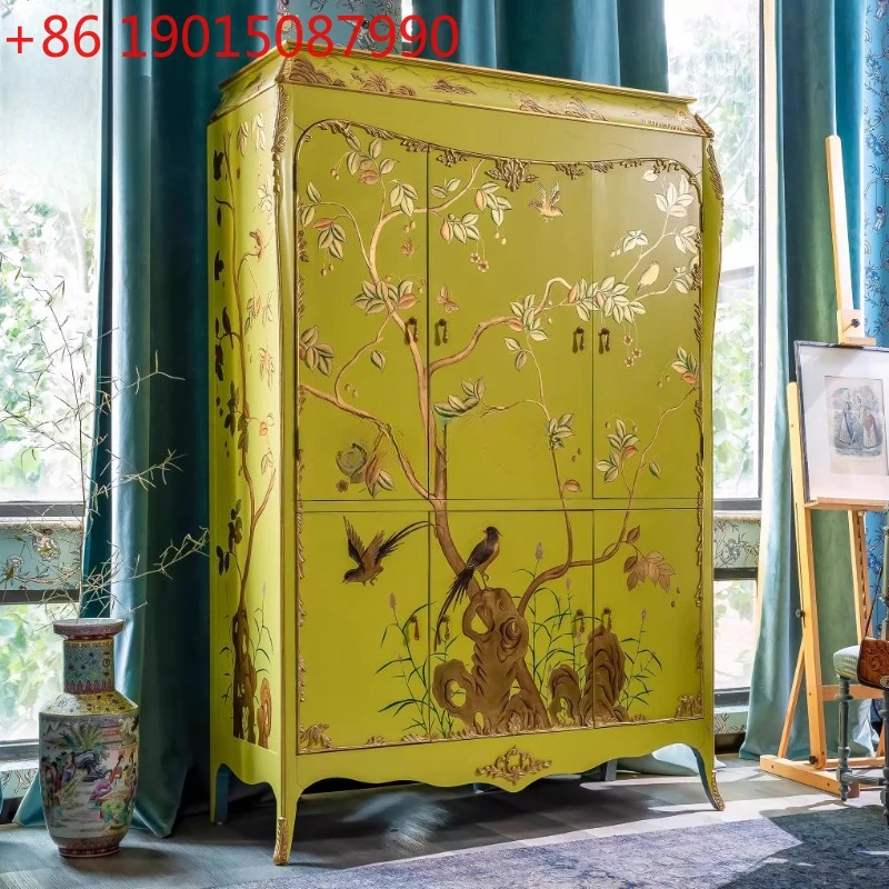 Retro art painted side cabinet French Chinese style solid wood double door storage wardrobe