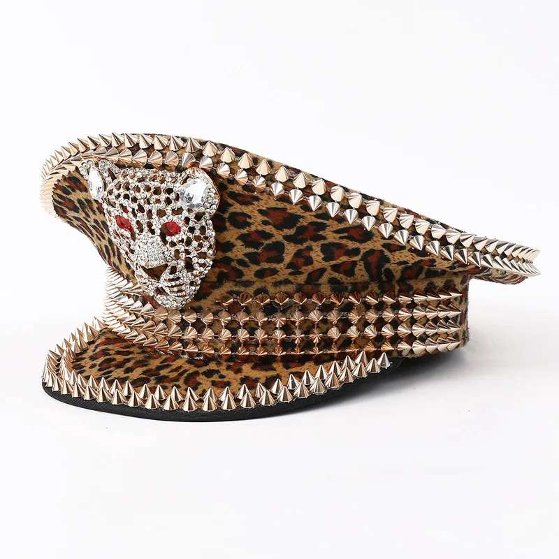 Party hats men women, featuring a 3D leopard head and a vintage metal sawtooth rivet design, perfect for bonfire