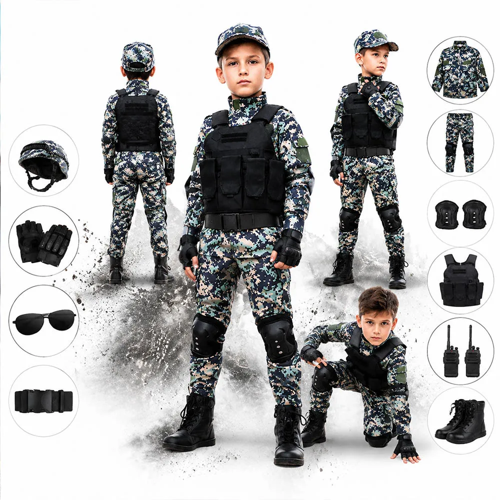 

Kids Camouflage Tactical Suit Boys Girls Long Sleeve Cargo Uniform Set Outdoor Training Performance Suit for Children's Day