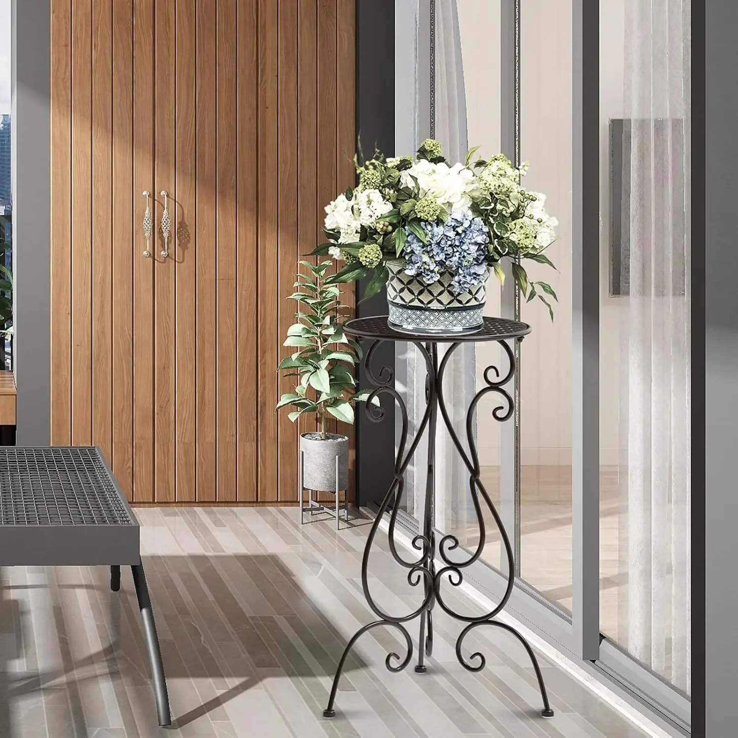 Suporte de planta de 2 pacotes para ambientes internos e externos, suporte de vaso de flores de metal com pedestal resistente de 22,5 polegadas de altura