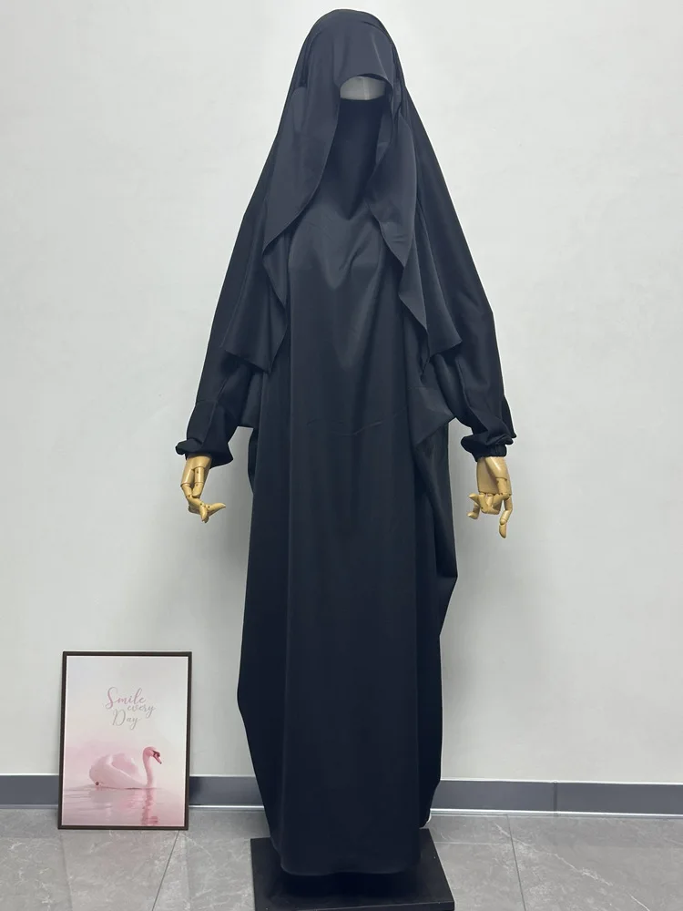 

Muslim One Piece Jalabiya with Niqab Straps Ruffle Lightweight Breathable Nida EID Ramadan Muslim Islamic Prayer Dress Oversiza