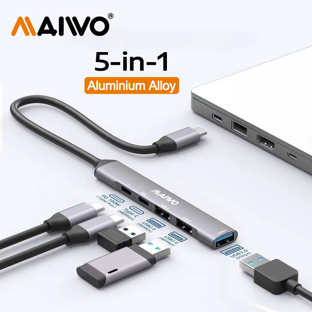 MAIWO USB C Hub USB 3.0 Hub с 100 Вт PD/Type-C/USB3.0/USB2.0 Ультратонкий разветвитель 1 в 5 портов Out Type C для MacBook MAIWO USB C Hub USB 3.0 Hub с 100 Вт PD/Type-C/USB3.0/USB2.0 Ультратонкий разветвитель 1 в 5 портов Out Type C для MacBook