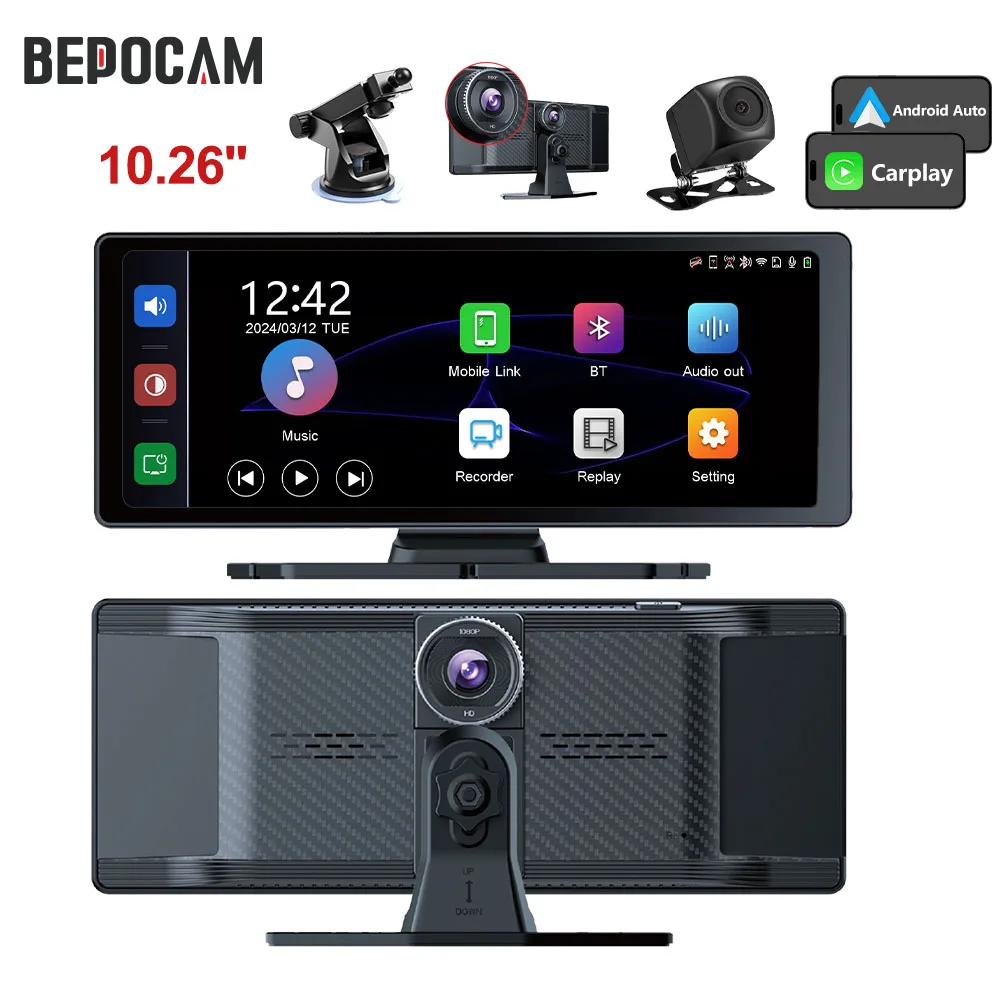 

BEPOCAM 10.26" Car Monitor Wireless CarPlay Android-Auto Screen WIFI Multimedia Player Rear Camera FM AUX Navigation Dashboard