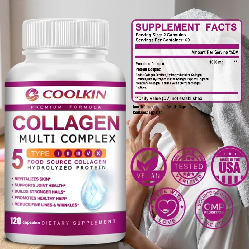 Collagen Multi Complex - Types I, II, III, V, X, Non-GMO, Enhanced Absorption, for Healthy Hair, Bones, Cartilage, Skin & Nails