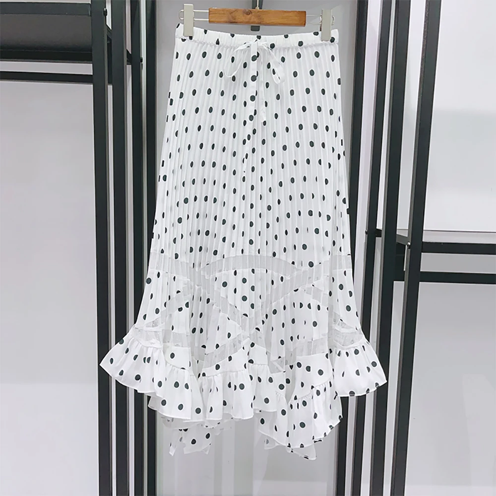 

Женская плиссированная макси-юбка в горошек, длинная юбка А-силуэта с высокой талией и оборками, повседневная винтажная летняя пляжная юбка для женщин