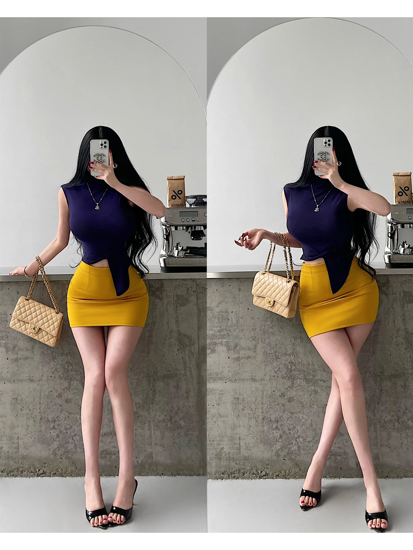 Korean Style Young Girl Day Set Pure Desire Sexy Small High Collar Sleeveless Vest Top High Waist Wrap Body Half Skirt Women'...